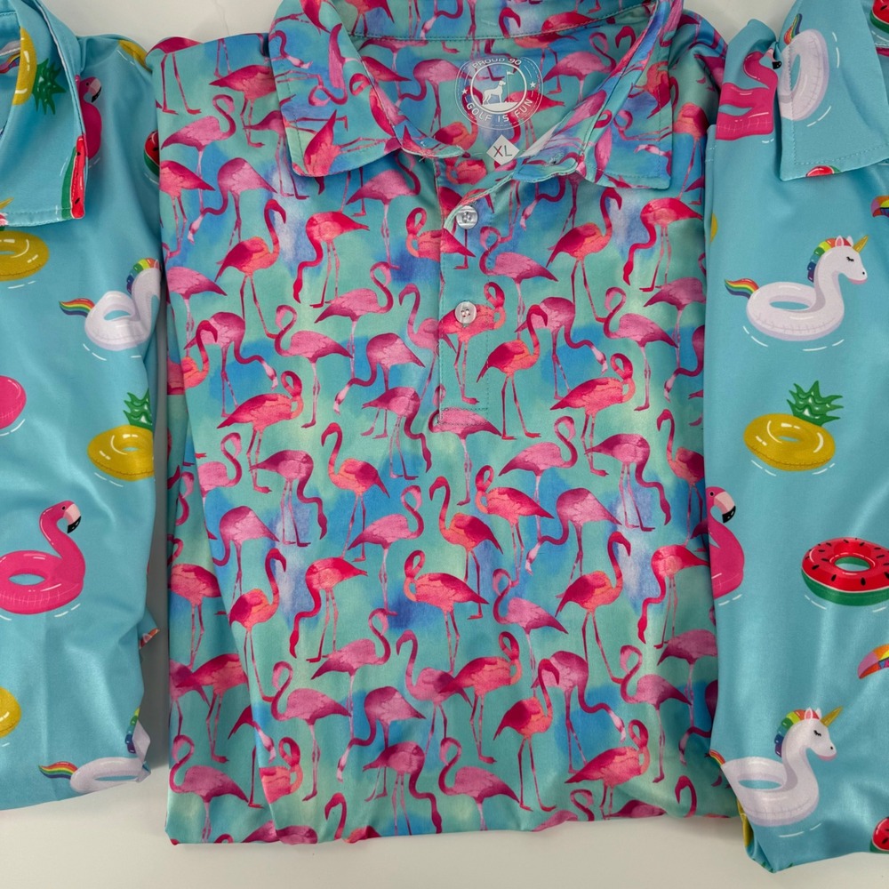 Lot of 3 Proud 90 Golf Polos Mens XL Flamingo‎ Pool Float Unicorn Tropical Blue - Picture 3 of 5